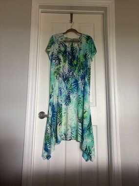 Chico's Aqua, Blue & Green Palm Print Tropical Midi Dress - SIZE 2